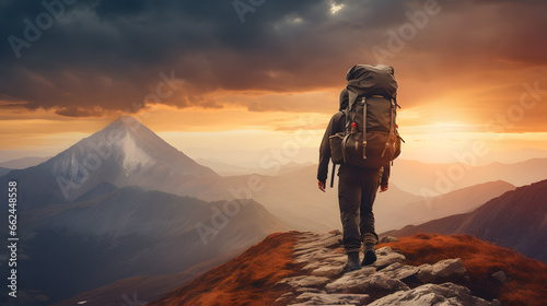 Un randonneur avec son sac à dos en tain de marcher sous un coucher de soleil dans les montagnes. 