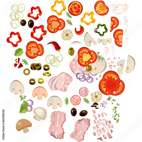 Pizza. Ingredients for pizza. Vegetables, herbs, mushrooms and sausage for baking pizza. Sweet and bitter pepper sliced for different pizzas. Vector collection. Tomato and cheese. A set for a Pizzeria