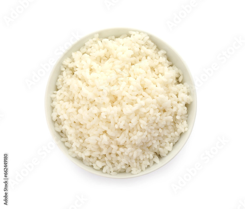 Bowl with delicious rice isolated on white, top view