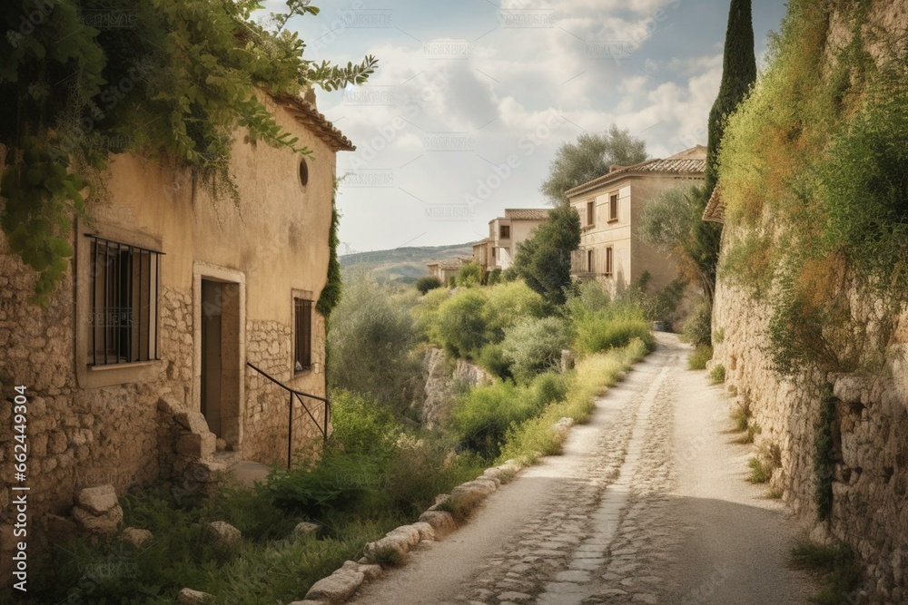 A pathway in a Mediterranean countryside village. Generative AI
