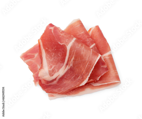 Slices of delicious jamon isolated on white, top view