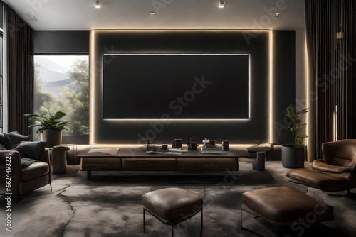 A Canvas Frame for a mockup suspended by thin  nearly invisible wires in a modern TV room  creating a floating effect