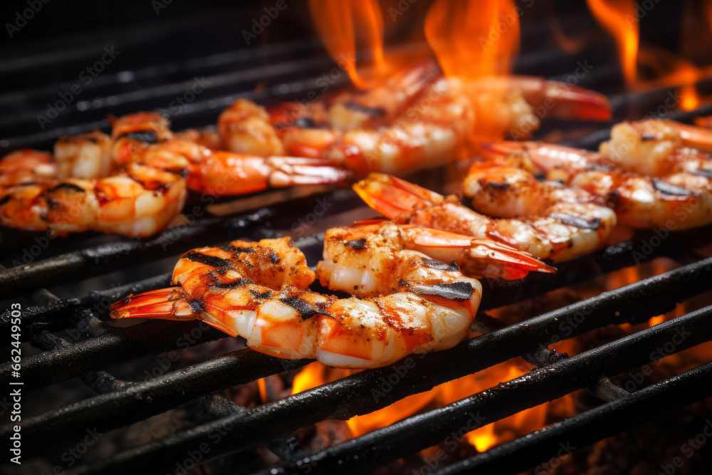 Bbq shrimps on grill grate spicy seafood fried on fire. Homemade cooking concept