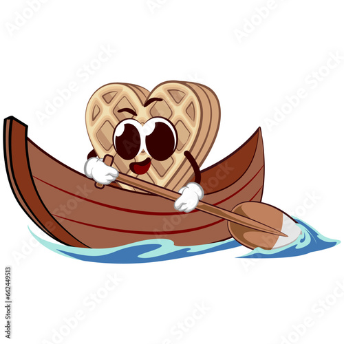 vector mascot character of a heart-shaped waffle cake rowing on a prahu