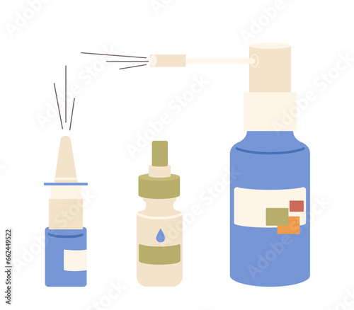 Rainy nose treatment spray and cough suppressant, eye or ear drops bottle with pipette isolated set