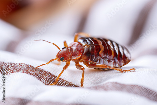 Close up of a single bed bug on fabric in a house