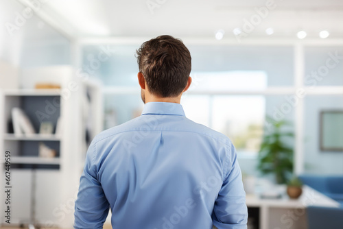 Adult caucasian office worker man standing from back in blue shirt looking at his workspace background. Business concept