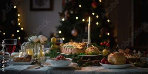 New Year s Eve dinner by the Christmas tree  holiday mood dark background 