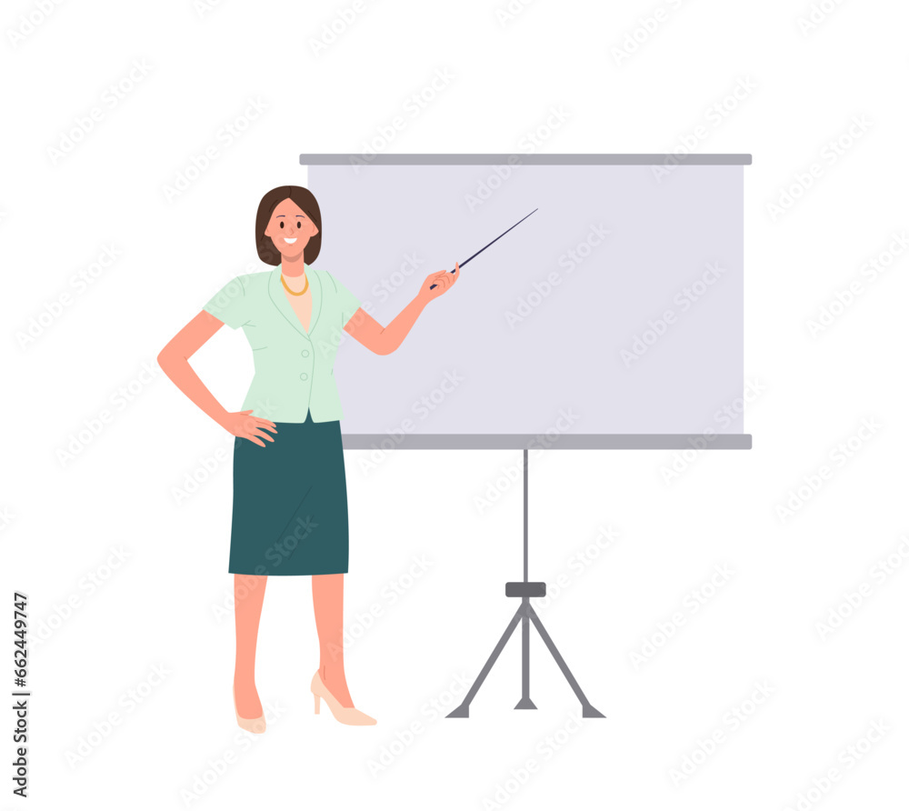 Woman business trainer giving lecture making presentation nearby whiteboard with copy space Woman business trainer giving lecture making presentation nearby whiteboard with copy space