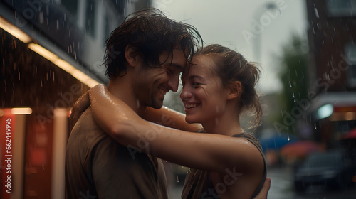 parejas ríen enamoradas bajo la lluvia photo