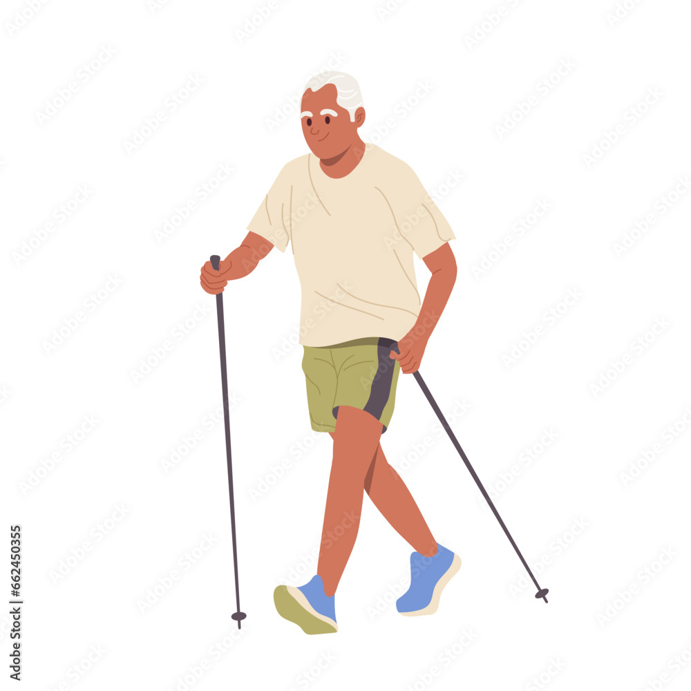 Isolated Senior man cartoon character enjoying nordic walking with sticks doing cardio exercise Isolated Senior man cartoon character enjoying nordic walking with sticks doing cardio exercise
