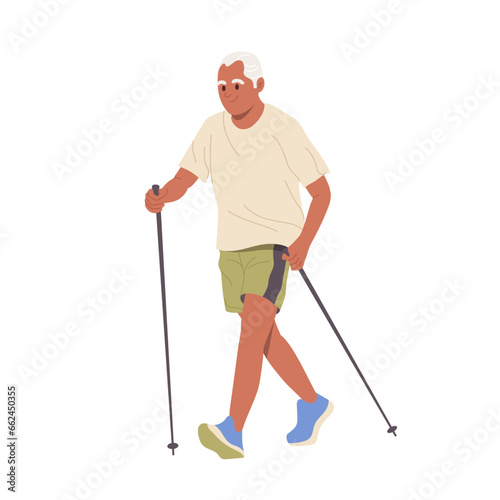 Isolated Senior man cartoon character enjoying nordic walking with sticks doing cardio exercise
