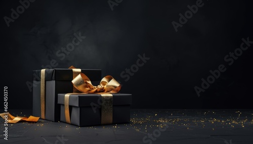 Black Matte Gift Box with Golden Ribbon Bow,front view ,on Black Matte Background with copy space ,xmas 
