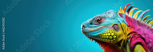 Banner with colorful iguana on isolated blue background with copy space. 