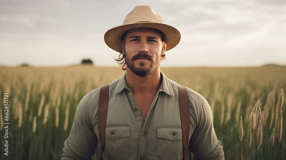 Portrait of a Male farmer wearing overalls and a straw hat, standing in the middle of a green wheat field Agricultur