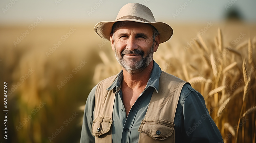Portrait of a Male farmer wearing overalls and a straw hat, standing in the middle of a green wheat field Agricultur