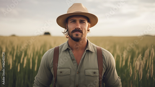 Portrait of a Male farmer wearing overalls and a straw hat, standing in the middle of a green wheat field Agricultur photo