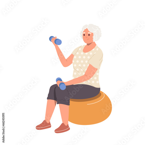 Isolated senior woman cartoon character sitting in fitness ball for training using dumbbells weights