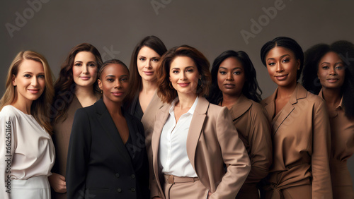 Group of diverse beautiful smiling confident women in business suits standing together, representing various nationalities and ethnic backgrounds. Concept of female empowerment, inclusivity, teamwork