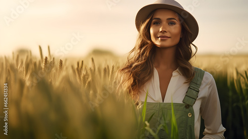 Portrait of a female farmer wearing overalls and a straw hat, standing in the middle of a green wheat field during sunrise Agriculture