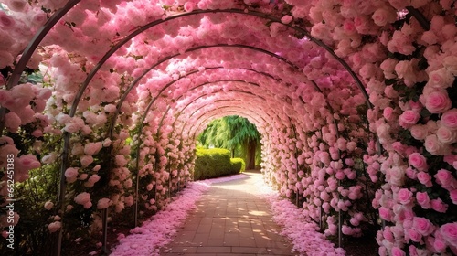  a walkway lined with pink flowers in a park area with a walkway.  generative ai