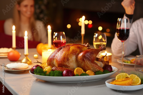 A traditional Thanksgiving roast turkey  beautifully garnished with seasonal decorations  served on a festive table.