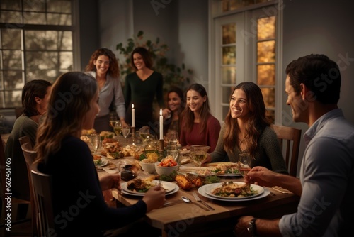 A festive Thanksgiving gathering with people of different generations, celebrating together with food, wine, and warmth.