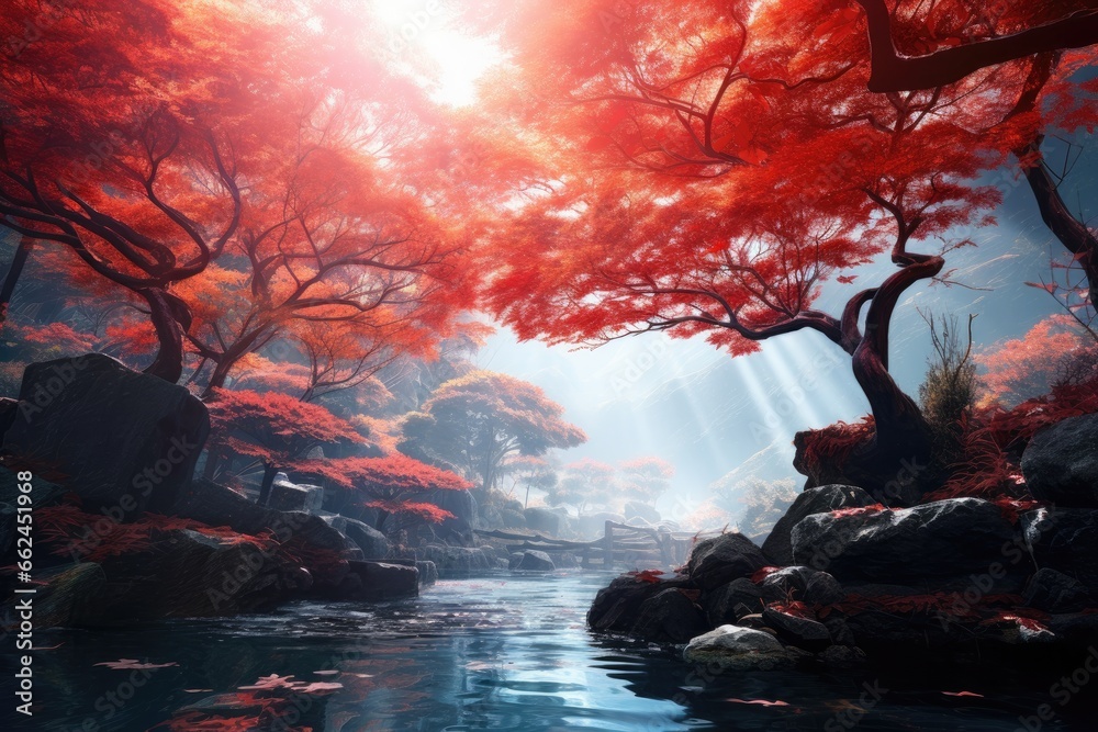 View of a japanese landscape, red autumn foliage - AI Generated