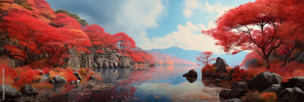 View of a japanese landscape, red autumn foliage - AI Generated
