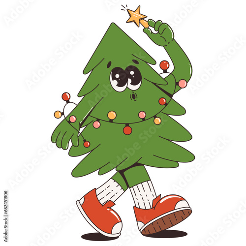 Christmas tree with garland holding a star Christmas toy.  Funny retro cartoon character in trendy groovy style. 60 -70s vibes. Merry Christmas and Happy New Year.