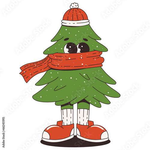 The Christmas tree is dressed in a scarf and hat. Funny retro cartoon character in trendy groovy style. 60 -70s vibes. Merry Christmas and Happy New Year.