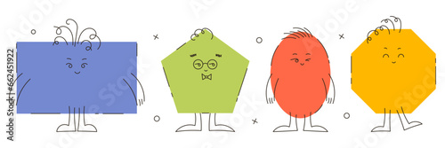 Funny characters in the form of geometric shapes. Cartoon characters in a naive childish style, with cute faces and emotions. Rectangle, pentagon, octagon, oval. Isolated vector illustration.