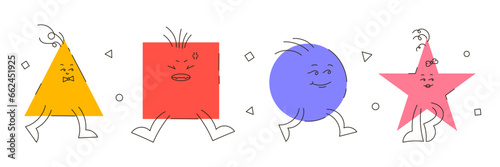 Funny characters in the form of geometric shapes. Cartoon characters in a naive childish style, with cute faces and emotions. Triangle, square, circle, star. Isolated vector illustration.