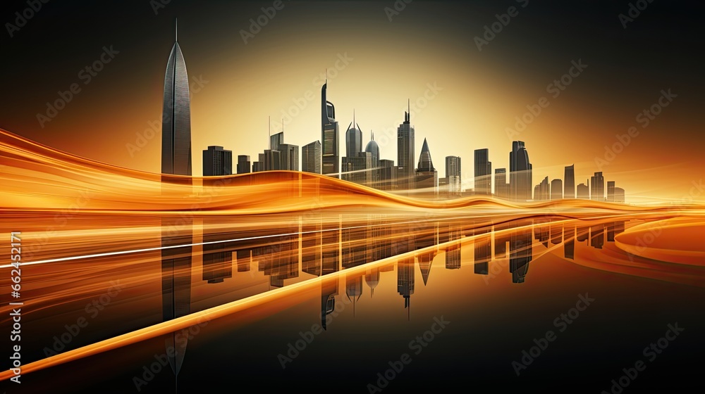 AI-generated panoramic landscape illustration of a  city skyline with a mirage-like horizon line. MidJourney.