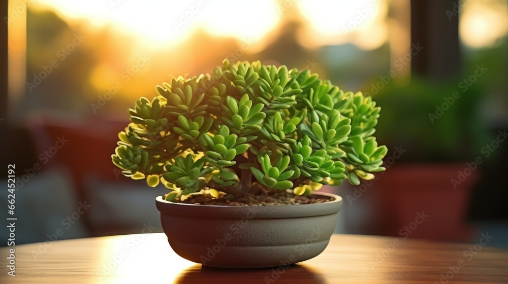 A small potted plant sitting on top of a wooden table A small potted plant sitting on top of a wooden table