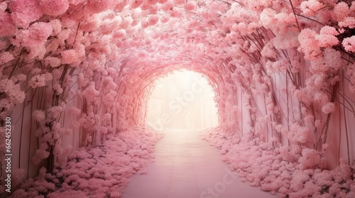  a tunnel of pink flowers with a light at the end.  generative ai photo