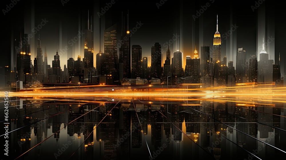 Fototapeta premium AI-generated panoramic landscape illustration of a city skyline with a streak of light on its horizon line. MidJourney.