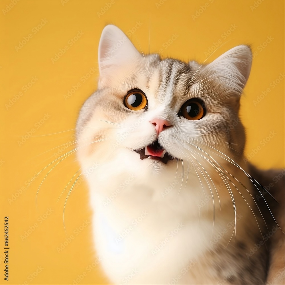 smiling cat on yellow background with space for copy created with generative ai