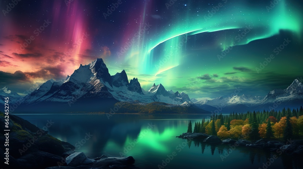 Aurora Borealis or Northern Lights, snowy scenery landscape at night. Great for Relaxing Ambient backgrounds. Polar lights, winterscape concept