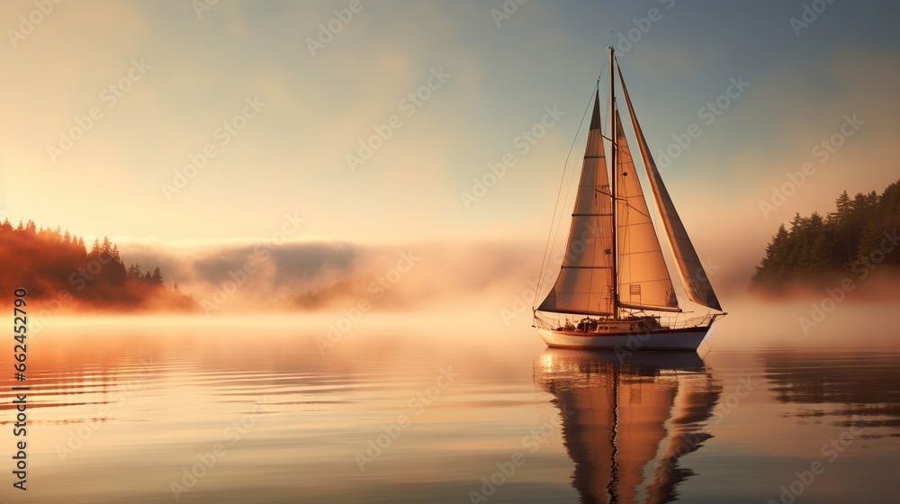  a sailboat on a lake with fog in the air.  generative ai