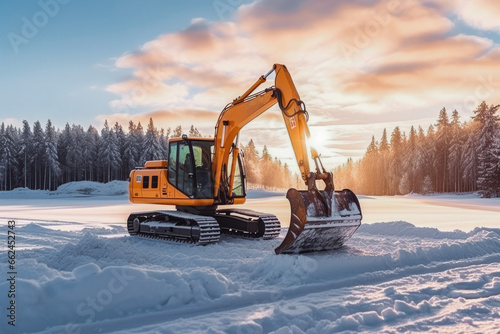 Construction site crawler excavator stands in a winter scenery. Construction during winter and snow, stranded in winter conditions.