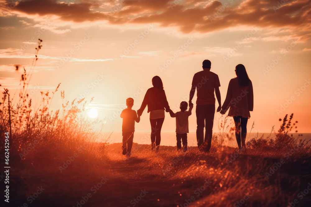 Happy family mother father children son and daughter on field walking into sunset together. Family support and love concept.