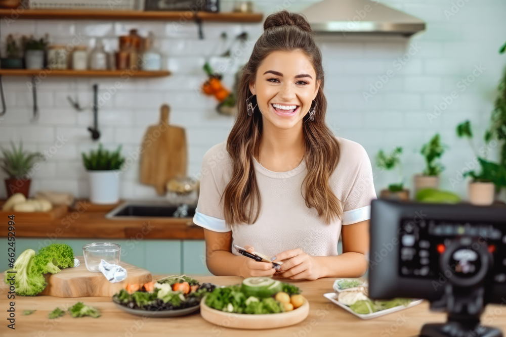 Happy food blogger recording video recipe of healthy food in her kitchen. Home studio for recording recipes of food blogger. Happy food blogger recording video recipe of healthy food in her kitchen. Home studio for recording recipes of food blogger.