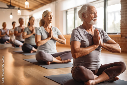 A group of senior people stretching on yoga mats in studio. Senior people doing guided meditation and yoga in studio. Happy, healthy elderly people.