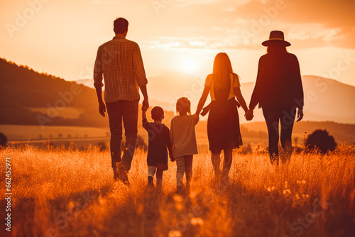 Happy family mother father children son and daughter on field walking into sunset together. Family support and love concept. © VisualProduction