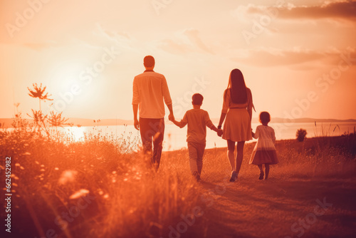 Happy family mother father children son and daughter on field walking into sunset together. Family support and love concept.