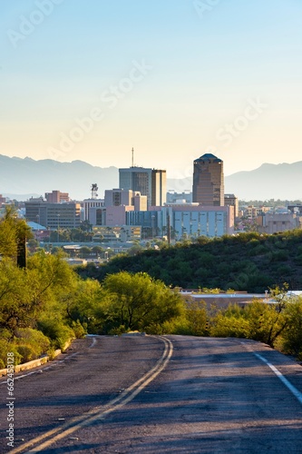 4K Image: Downtown Tucson, Arizona City Skyline with Urban Road