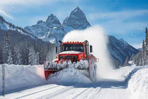 Salting the highway maintenance truck on road. Snow plow truck snow removal after blizzard in Teton national park. Road safety winter conditions.