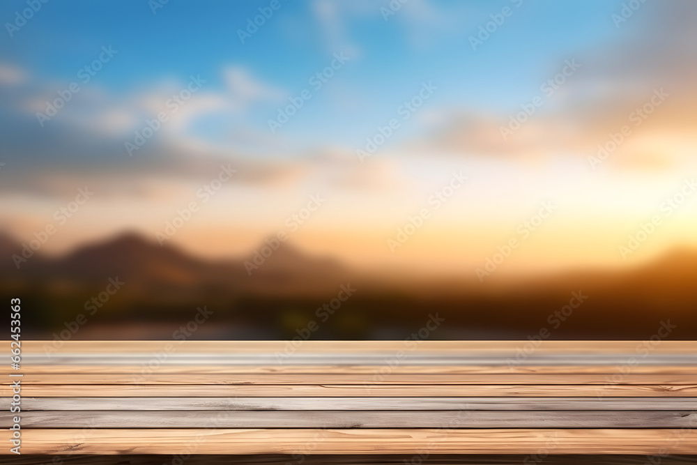 Empty wooden table and blurred background with sunrise and ble sky