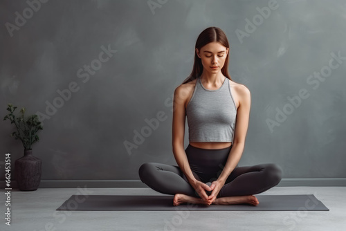 Young woman doing yoga on yoga mat. Young woman exercising at home. Peaceful beautiful woman doing exercises at home in her studio.